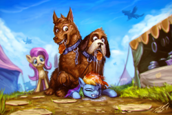 Size: 1920x1280 | Tagged: safe, artist:assasinmonkey, fluttershy, orthros, rainbow dash, dog, pegasus, pony, trade ya, drool, multiple heads, tongue out, two heads