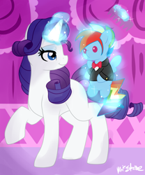 Size: 1024x1229 | Tagged: safe, artist:mississippikite, derpibooru import, rainbow blitz, rainbow dash, rarity, pegasus, pony, unicorn, carousel boutique, clothes, crush plush, female, half r63 shipping, levitation, male, mare, missing cutie mark, plushie, rainbow dash plushie, rariblitz, raridash, rule 63, shipping, straight, tuxedo