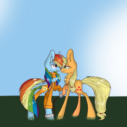 Size: 1024x1024 | Tagged: safe, artist:lightninghawk772, derpibooru import, applejack, rainbow dash, earth pony, pegasus, pony, appledash, bound wings, chains, clothes, cuffs, female, grass, lesbian, mare, prison outfit, prisoner, prisoner rd, shackles, shipping, sky, smiling