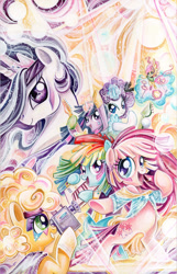 Size: 1234x1920 | Tagged: safe, artist:sararichard, derpibooru import, applejack, fluttershy, pinkie pie, princess celestia, rainbow dash, rarity, twilight sparkle, twilight sparkle (alicorn), alicorn, earth pony, pegasus, pony, unicorn, comic con, cover, drums, exclusive, guitar, jem and the holograms, mane six, musical instrument, san diego comic con, sdcc 2016