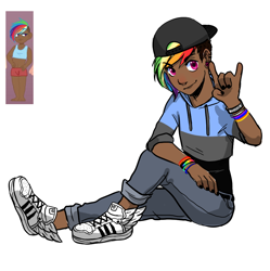 Size: 898x900 | Tagged: safe, artist:macaroni-and-moths, artist:mistymochi, rainbow dash, human, dark skin, hat, humanized, nail polish, undercut, winged shoes