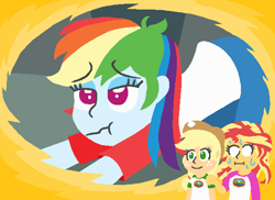 Size: 580x423 | Tagged: safe, artist:threetwotwo32232, derpibooru import, applejack, rainbow dash, sunset shimmer, equestria girls, legend of everfree, appledash, camp everfree outfits, clothes, cowboy hat, female, freckles, hat, iwtcird, lesbian, meme, scrunchy face, shipping, smiling, sunsetdash, sweat