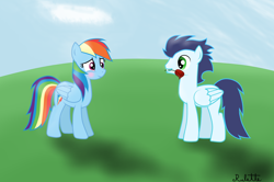 Size: 1024x681 | Tagged: safe, artist:rulette, rainbow dash, soarin', pegasus, pony, blushing, female, male, romantic, rose, shipping, smiling, soarindash, straight