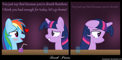 Size: 8000x3954 | Tagged: safe, artist:waveywaves, rainbow dash, twilight sparkle, pegasus, pony, crying, drunk, drunker dash, female, heart, lesbian, sad, shipping, twidash