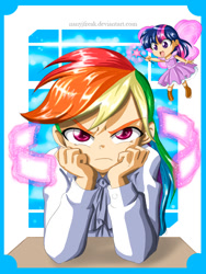 Size: 827x1102 | Tagged: safe, artist:nancysauria, rainbow dash, twilight sparkle, human, testing testing 1-2-3, humanized