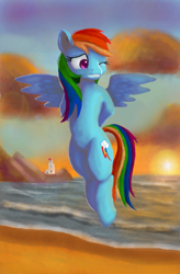 Size: 1030x1572 | Tagged: safe, artist:ninjaohdio, derpibooru import, rainbow dash, pegasus, pony, beach, belly button, flying, grin, lighthouse, one eye closed, smiling, solo, sunset, wink