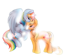 Size: 751x585 | Tagged: safe, artist:dark-pangolin, derpibooru import, applejack, rainbow dash, earth pony, pegasus, pony, appledash, blushing, female, kissing, lesbian, loose hair, shipping