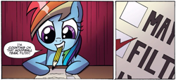 Size: 659x300 | Tagged: safe, artist:agnesgarbowska, derpibooru import, idw, rainbow dash, pegasus, pony, spoiler:comic46, ballot, comic, cropped, female, mare, mouth hold, official comic, pencil, solo, speech bubble