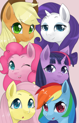 Size: 600x927 | Tagged: safe, artist:jemaica, derpibooru import, applejack, fluttershy, pinkie pie, rainbow dash, rarity, twilight sparkle, earth pony, pegasus, pony, unicorn, bust, mane six, portrait