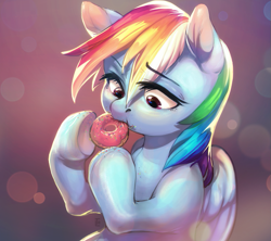 Size: 751x667 | Tagged: safe, artist:locksto, derpibooru import, rainbow dash, pegasus, pony, donut, eating, female, food, hoof hold, looking down, mare, messy eating, solo