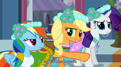 Size: 640x355 | Tagged: safe, derpibooru import, screencap, applejack, rainbow dash, rarity, earth pony, pegasus, pony, unicorn, mlp-captions, youtube caption