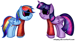 Size: 1024x557 | Tagged: safe, artist:stapsy, rainbow dash, twilight sparkle, twilight sparkle (alicorn), alicorn, pegasus, pony, clothes, duo, female, mare, older, prison outfit, prisoner rd, prisoner ts, smiling