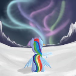 Size: 2000x2000 | Tagged: safe, artist:vanillaghosties, derpibooru import, rainbow dash, pegasus, pony, aurora borealis, mountain, snow, solo, winter