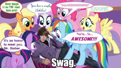 Size: 960x540 | Tagged: safe, derpibooru import, edit, edited screencap, screencap, applejack, fluttershy, pinkie pie, rainbow dash, rarity, twilight sparkle, human, 1000 years in photoshop, downvote bait, irl, irl human, justin bieber, mane, mane six, op is a cuck, op is satan, op is trying to start shit, op started shit, photo, reuploaded, swag, wat, why, wtf