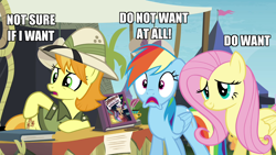 Size: 1280x720 | Tagged: safe, screencap, fluttershy, rainbow dash, pegasus, pony, trade ya, daring do collector, do not want, full set, not sure if want, teddie safari, varying degrees of want, want