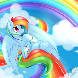 Size: 1024x1024 | Tagged: safe, artist:cinnamonh3artz, rainbow dash, pegasus, pony, cloud, cloudy, solo, sonic rainboom