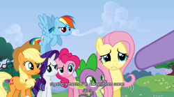 Size: 640x355 | Tagged: safe, derpibooru import, screencap, applejack, fluttershy, pinkie pie, rainbow dash, rarity, spike, twilight sparkle, dragon, earth pony, pegasus, pony, unicorn, mane six, youtube caption