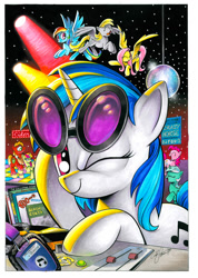 Size: 600x843 | Tagged: safe, artist:andypriceart, derpibooru import, idw, big macintosh, derpy hooves, dj pon-3, fluttershy, lyra heartstrings, pinkie pie, rainbow dash, sweetcream scoops, vinyl scratch, earth pony, pegasus, pony, unicorn, big scoops, comic cover, cover, crazy horse, disco ball, female, headphones, male, mare, one eye closed, ponified, stallion, the baboons, the beach boys, the beach colts, the galloping stones, the monkees, the rolling stones, turntable, wink