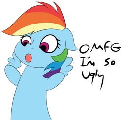 Size: 1374x1346 | Tagged: safe, anonymous artist, derpibooru import, rainbow dash, pegasus, pony, dialogue, floating wings, self loathing, simple background, solo, transparent background