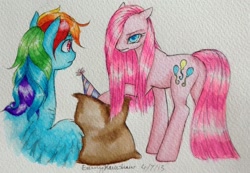 Size: 1024x709 | Tagged: safe, artist:phoebewolf, derpibooru import, madame leflour, pinkie pie, rainbow dash, earth pony, pegasus, pony, traditional art