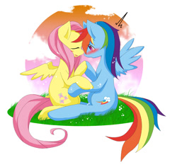 Size: 800x756 | Tagged: safe, artist:wolfyato, fluttershy, rainbow dash, pegasus, pony, anatomically incorrect, assertive, blushing, female, flutterdash, incorrect leg anatomy, lesbian, pixiv, shipping