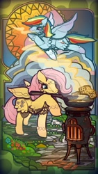 Size: 768x1366 | Tagged: safe, artist:nyrx, fluttershy, rainbow dash, pegasus, pony, frying pan, stained glass, waffle