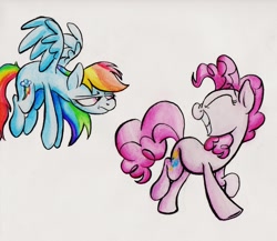 Size: 2408x2094 | Tagged: safe, artist:stratustrot, derpibooru import, pinkie pie, rainbow dash, earth pony, pegasus, pony, traditional art, watercolor painting