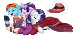 Size: 1250x614 | Tagged: safe, artist:dedonnerwolke, derpibooru import, merry, rainbow dash, rarity, snowfall frost, starlight glimmer, pegasus, pony, unicorn, a hearth's warming tail, snowdash, snuggling, yawn