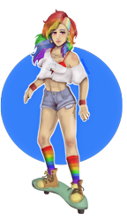 Size: 960x1664 | Tagged: safe, artist:nifka22-02, derpibooru import, rainbow dash, human, abs, clothes, converse, humanized, nail polish, shoes, skateboard, solo