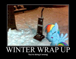 Size: 500x387 | Tagged: safe, rainbow dash, winter wrap up, demotivational poster, facehoof, fail, funny, image macro, irl, meme, solo, vacuum cleaner, you're doing it wrong