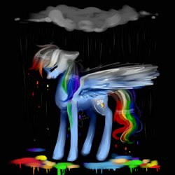 Size: 2000x2000 | Tagged: safe, artist:saoiirse, rainbow dash, pegasus, pony, cloud, colourless dash, crying, partial color, rain, sad, solo