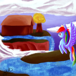 Size: 3000x3000 | Tagged: safe, artist:xskytheartist, derpibooru import, rainbow dash, pegasus, pony, detailed background, female, mare, solo