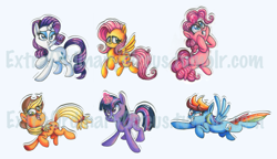 Size: 1193x687 | Tagged: safe, artist:circustent, derpibooru import, applejack, fluttershy, pinkie pie, rainbow dash, rarity, twilight sparkle, earth pony, pegasus, pony, unicorn, mane six, watermark