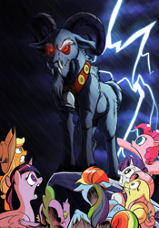 Size: 1024x1463 | Tagged: safe, artist:andypriceart, artist:inuhoshi-to-darkpen, derpibooru import, edit, idw, applejack, fluttershy, grogar, pinkie pie, rainbow dash, rarity, spike, twilight sparkle, twilight sparkle (alicorn), alicorn, dragon, earth pony, pegasus, pony, unicorn, g1, spoiler:comic, spoiler:comic35, exploitable meme, fear, hilarious in hindsight, lightning, mane six, mane six encounter villains, meme, rain