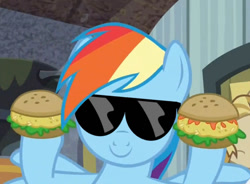 Size: 1016x747 | Tagged: safe, edit, screencap, jeff letrotski, rainbow dash, pegasus, pony, trade ya, burger, oat burger, solo, sunglasses