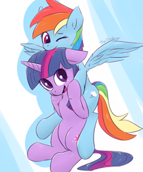 Size: 3000x3600 | Tagged: safe, artist:gamijack, derpibooru import, rainbow dash, twilight sparkle, pegasus, pony, blushing, chest fluff, female, floppy ears, flying, holding a pony, lesbian, one eye closed, shipping, twidash, wink