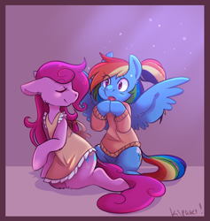 Size: 760x801 | Tagged: safe, artist:kipaki, derpibooru import, pinkie pie, rainbow dash, earth pony, pegasus, pony, alternate hairstyle, clothes, eyes closed, female, mare, nightgown, slumber party, spread wings, wings