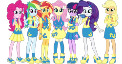 Size: 5300x2800 | Tagged: safe, artist:ggalleonalliance, artist:osipush, derpibooru import, applejack, fluttershy, pinkie pie, rainbow dash, rarity, sci-twi, sunset shimmer, twilight sparkle, equestria girls, absurd resolution, adorkable, canterlot high, clothes, cute, dork, glasses, hand on hip, high heels, kneesocks, necktie, phone, school spirit, school uniform, shoes, simple background, skirt, smartphone, smiling, socks, transparent background, vector, vest, wondercolts