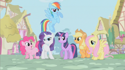 Size: 853x480 | Tagged: safe, derpibooru import, screencap, applejack, fluttershy, pinkie pie, rainbow dash, rarity, twilight sparkle, earth pony, pegasus, pony, unicorn, friendship is magic, intro, opening, ponyville