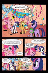 Size: 3274x4952 | Tagged: safe, artist:leon-z, derpibooru import, applejack, fluttershy, pinkie pie, rainbow dash, rarity, spike, twilight sparkle, twilight sparkle (alicorn), alicorn, dragon, earth pony, pegasus, pony, unicorn, comic:returns endings & beginnings, balloon, banner, cake, comic, food, golden oaks library, mane six, party cannon, present