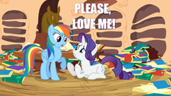 Size: 1054x592 | Tagged: safe, rainbow dash, rarity, pegasus, pony, unicorn, caption, female, lesbian, love me, meme, raridash, shipping, shipping denied