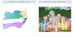 Size: 466x234 | Tagged: safe, derpibooru import, fluttershy, posey, princess celestia, rainbow dash, alicorn, pegasus, pony, derpibooru, exploitable meme, harsher in hindsight, juxtaposition, meme, meta, statue