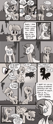 Size: 1280x2984 | Tagged: safe, artist:otterlore, rainbow dash, rarity, twilight sparkle, drider, monster pony, original species, spider, spiderpony, apology, cave, comic, filly, grayscale, head turn, monochrome, scared, species swap, spiderponyrarity, tumblr