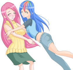 Size: 639x609 | Tagged: safe, artist:jonfawkes, fluttershy, rainbow dash, human, trade ya, bad anatomy, clothes, cute, dashabetes, humanized, midriff, scene interpretation, shyabetes, skirt, sleeveless turtleneck, someone skipped leg day, sweatershy