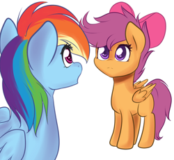 Size: 1620x1490 | Tagged: safe, artist:chiweee, rainbow dash, scootaloo, pegasus, pony, bow, cute, cutealoo, dashabetes