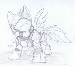 Size: 1648x1456 | Tagged: safe, artist:fangedwind, rainbow dash, pegasus, pony, armor, crossover, grayscale, halo (series), monochrome, odst, sketch, solo, traditional art