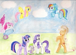 Size: 1024x747 | Tagged: safe, artist:sailorhorizon, derpibooru import, applejack, fluttershy, pinkie pie, rainbow dash, rarity, spike, twilight sparkle, dragon, earth pony, pegasus, pony, unicorn, mane seven, mane six, party cannon, traditional art