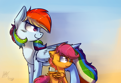 Size: 2146x1472 | Tagged: safe, artist:suplolnope, rainbow dash, scootaloo, pegasus, pony, gradient background, scootalove