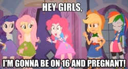 Size: 619x335 | Tagged: safe, derpibooru import, applejack, fluttershy, pinkie pie, rainbow dash, rarity, equestria girls, equestria girls (movie), 16 and pregnant, meme, mtv, pinkie has a crazy idea