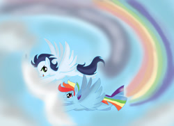 Size: 1024x740 | Tagged: safe, artist:1231redflame, glide, rainbow blitz, rainbow dash, soarin', pegasus, pony, flying, rule 63